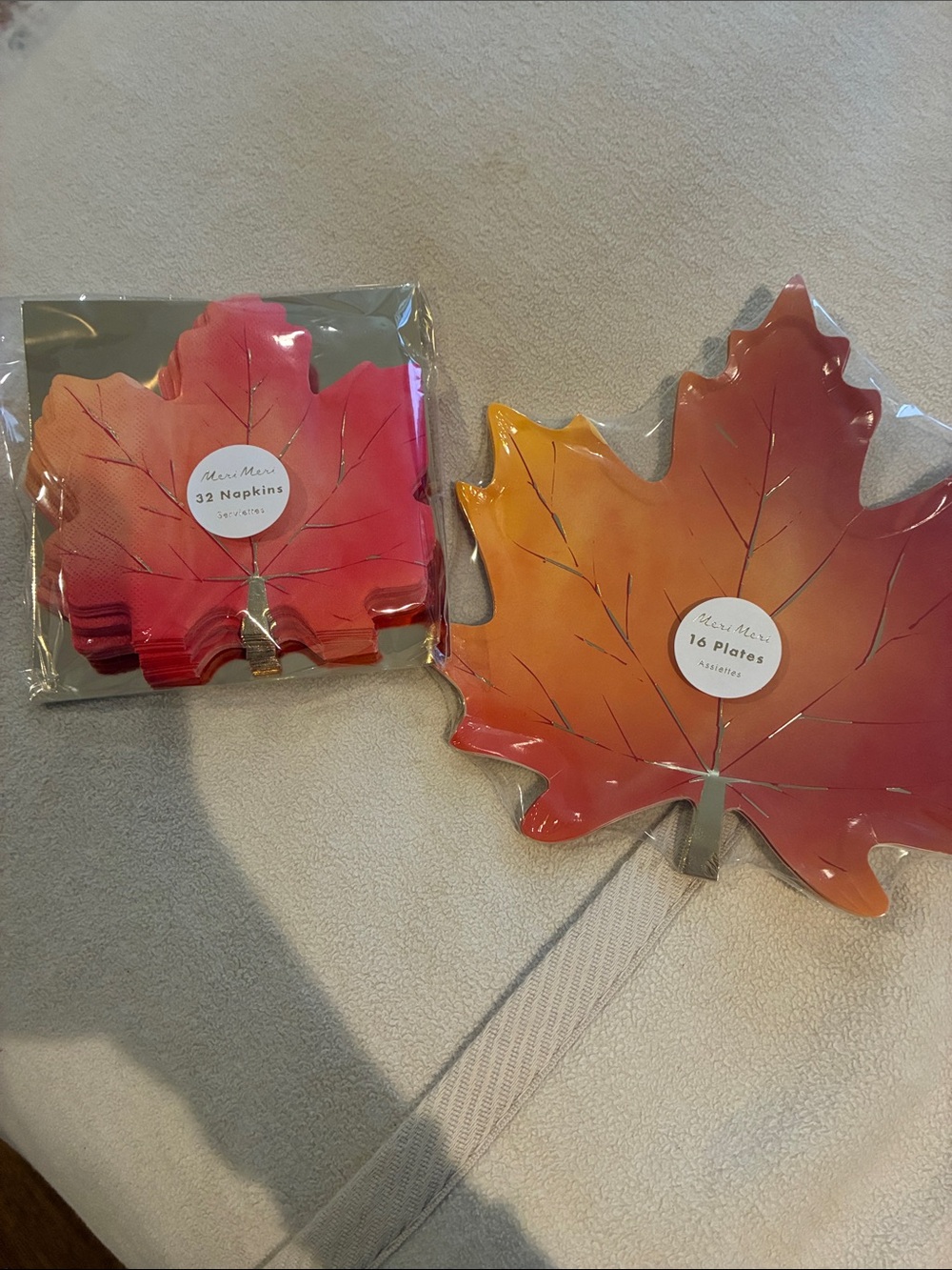Meri Meri Maple Leaf Plates and Napkins in Orange and Pink